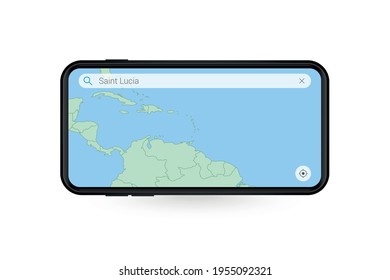 Searching map of Saint Lucia in Smartphone map application. Map of Saint Lucia in Cell Phone. Vector illustration.