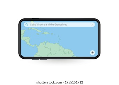 Searching map of Saint Vincent and the Grenadines in Smartphone map application. Map of Saint Vincent and the Grenadines in Cell Phone. Vector illustration.