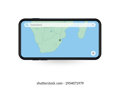 Searching map of Swaziland in Smartphone map application. Map of Swaziland in Cell Phone. Vector illustration.