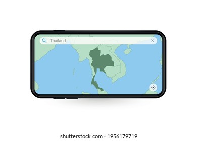 Mapa de búsqueda de Tailandia en la aplicación de mapas de Smartphone. Mapa de Tailandia en celulares. Ilustración vectorial.