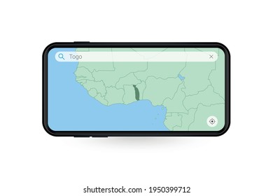 Searching map of Togo in Smartphone map application. Map of Togo in Cell Phone. Vector illustration.