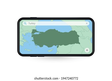 Searching map of Turkey in Smartphone map application. Map of Turkey in Cell Phone. Vector illustration.