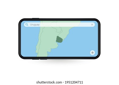 Searching map of Uruguay in Smartphone map application. Map of Uruguay in Cell Phone. Vector illustration.