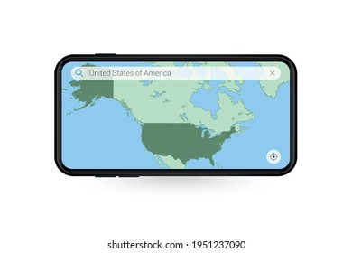 Suchen Sie eine Karte der USA in der Smartphone-Map-Anwendung. Karte der USA auf dem Handy. Vektorgrafik.