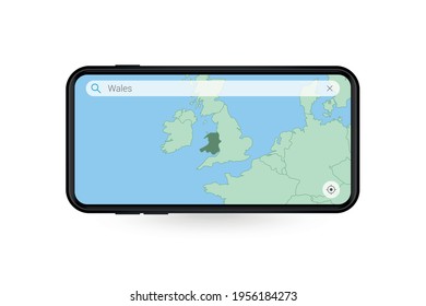 Buscando el mapa de Gales en la aplicación de mapas de Smartphone. Mapa de Gales en celulares. Ilustración vectorial.