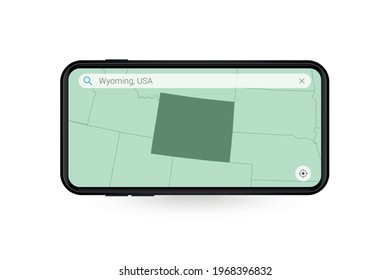 Searching map of Wyoming in Smartphone map application. Map of Wyoming in Cell Phone. Vector illustration.