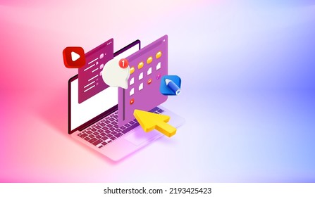 Searching media content on computer. 3d vector banner with copy space