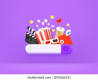 Searching for media entertainment in internet with search tab. 3d style vector illustration