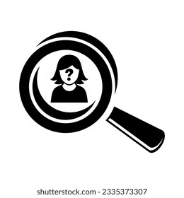 Searching for missing persons icon vector. Person with magnifying glass icon isolated on a white background. Lost people symbol. Wanted woman with question mark silhouette