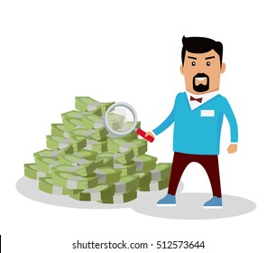 Searching money concept vector illustration. Flat design. Financial crime, tax evasion, money laundering, political corruption illustration. Credit, fundraising and investment illustrating. On white.