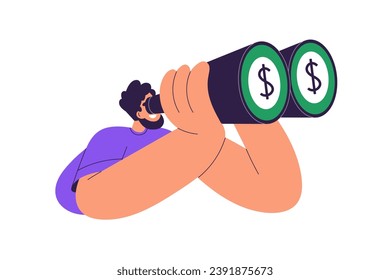 Searching money, finance opportunities, financial goal. Man looking through binoculars, seeing investment income, earnings growth, success. Flat vector illustration isolated on white background