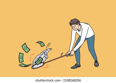 Searching for money and profit concept. Young smiling businessman standing and trying to catch flying money with net and make profit vector illustration 