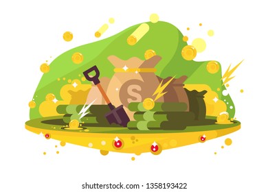 Searching money treasures vector illustration. Bags full of golden coins and piles of banknotes flat style design. Unearth jewels concept. Isolated on white