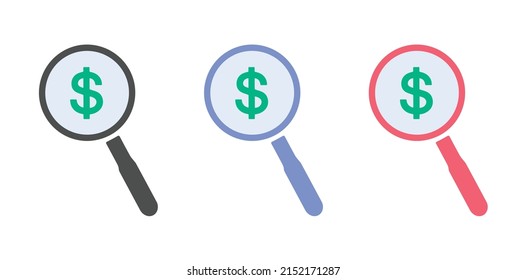Suche nach Geld Vektorsymbol. Suche nach Geld Symbol Vektorgrafik einzeln auf weißem Hintergrund in drei verschiedenen Farben.