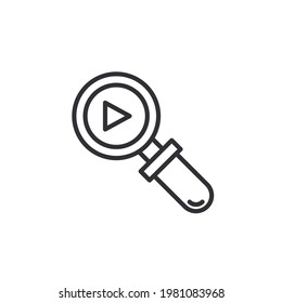 Searching movie icon . Magnifier and movie icon. Video search icon. Vector illustration of a magnifier tool with video camera icon inside. Represents concept of finding a video