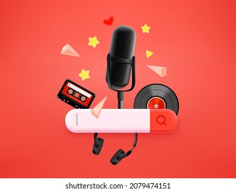 Searching for a music concept with search tab. 3d style vector illustration