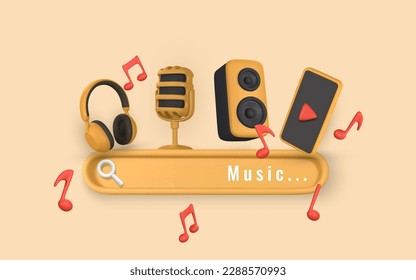 Searching for a music concept with search tab. Headphone, audio speaker, microphone and phone in 3d style. Vector illustration.