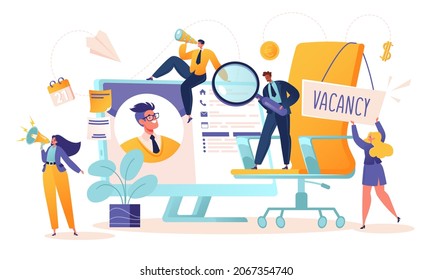 Searching for new employees. Recruitment agency. Headhunters. Office chair with vacancy sign. Computer monitor with candidate's resume.  Flat cartoon characters reviewing resumes. Vector illustration.