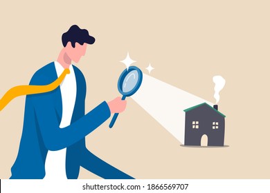 Searching for new house, look for real estate and accommodation valuation or new rent and mortgage concept, smart businessman using magnifying glass zooming to see house or residential details.