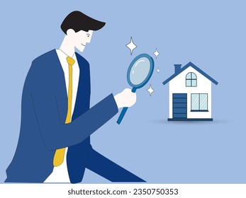 Searching for new house, look for real estate and accommodation valuation or new rent and mortgage concept, smart businessman using magnifying glass zooming to see house or residential details.