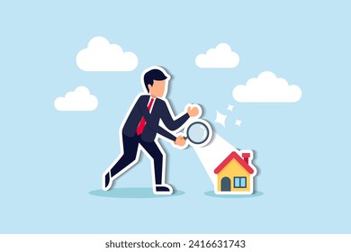 Searching for new house, look for real estate and accommodation valuation or new rent and mortgage concept, smart businessman using magnifying glass zooming to see house or residential details.