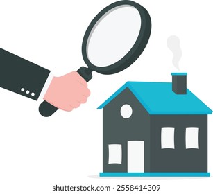 Searching for new house, look for real estate and accommodation valuation or new rent and mortgage concept, smart businessman using magnifying glass zooming to see house or residential details.
