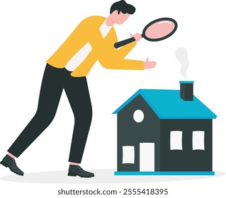 Searching for a new house, looking for real estate and accommodation valuation or new rent and mortgage concept, smart businessman using magnifying glass zooming to see house or residential details.

