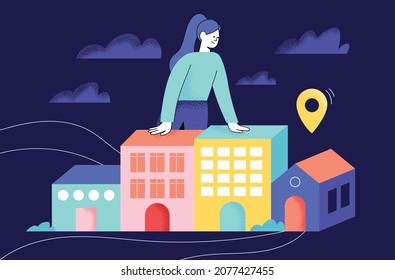 Searching For New House. Woman Looking For Apartment. Rent Online. Flat Vector Illustration