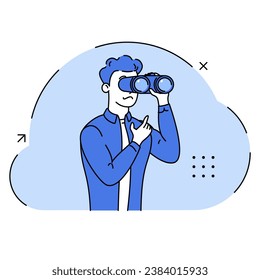 Searching new idea. Discover new solution or idea, curiosity, searching for success concept. Businessman  looks through binoculars. Search or strategic planning. Vector business illustration. 