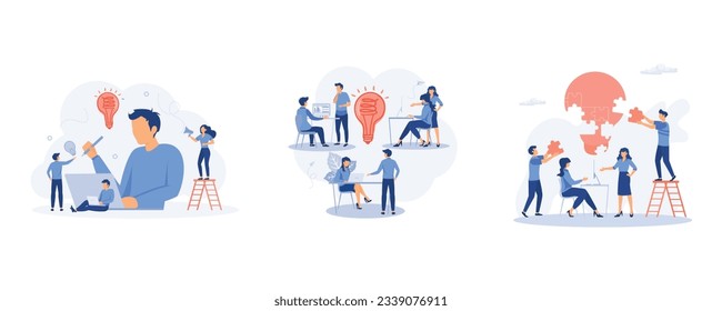 searching for new ideas and decisions rising career to success, promotion in the network, brainstorming, set flat vector modern illustration