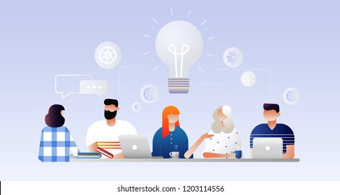 Searching for new ideas solutions, 
negotiation, working together in the company, brainstorming, teamwork. Vector illustration. Characters design.