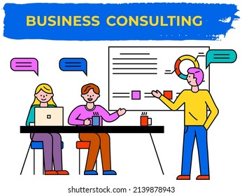 Searching for new ideas solutions, working together in company, brainstorming. Managers during meeting and teamwork in business consulting. Data analysis, strategy planning, partnership concept
