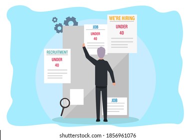 Searching new job vector concept: Old man looking at job vacancy on the wall while standing alone