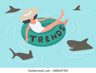 Searching New Tendency Concept. A Young Woman Is Swimming In The Sea On A Swimming Circle With The Inscription Trends. Sharks Hunt For Uptrends. Vector Illustration.