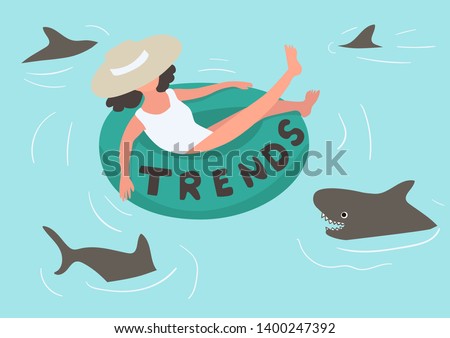 Searching new tendency concept. A young woman is swimming in the sea on a swimming circle with the inscription Trends. Sharks hunt for uptrends. Vector illustration.