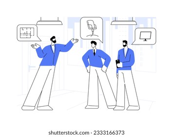 Buscando ilustración vectorial de concepto abstracto de oficina. Socios comerciales que buscan nuevas oficinas, trabajo de agentes inmobiliarios, intermediario que muestra un gran espacio a los clientes metáfora abstracta.