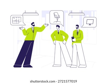 Procurando ilustração vetorial do conceito abstrato do Office. Parceiros de negócios à procura de novo escritório, trabalho de agente imobiliário, corretor mostrando grande espaço para os clientes metáfora abstrata.