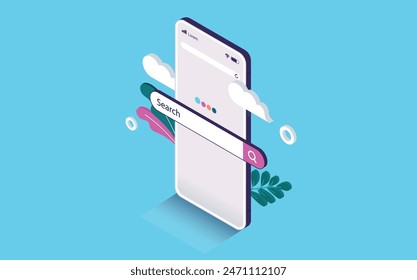 Searching on internet with mobile phone -  Smartphone screen with search bar field popping out. Online search engine concept in isometric vector illustration with clouds and light blue background
