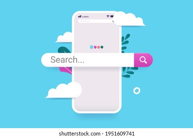 Searching on internet with smartphone -  Mobile phone with search bar popping out. Beautiful 3d vector illustration with clouds and light blue background.