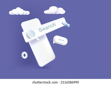 Searching on internet with smartphone - Mobile phone with search bar popping out. Beautiful 3d vector illustration with clouds and light blue background.