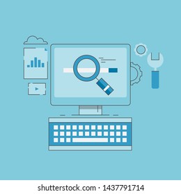 Searching on web, Search data, Seo optimization strategy - flat design outline vector illustration with icons