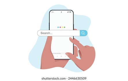 Searching online on mobile phone - Smartphone screen with search engine and hand ready to do a search. Flat design vector illustration graphic with white background