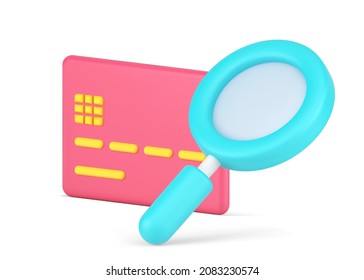 Searching online payment e money transaction with credit card and magnifying glass isometric 3d icon template vector illustration. Learning contactless ecommerce bank paying with magnifier isolated