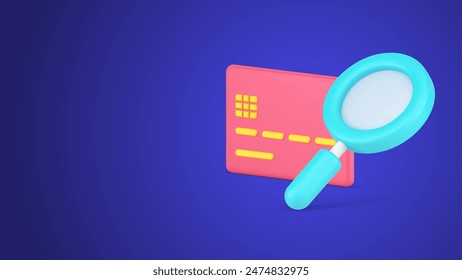 Searching online payment e money transaction with credit card and magnifying glass isometric 3d icon template vector illustration. Learning contactless ecommerce bank paying with magnifier isolated