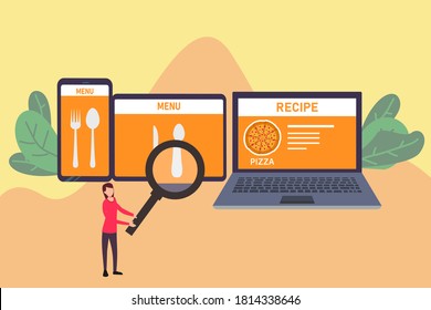 Searching online recipe vector concept: Woman using a magnifying glass to search online recipe on the mobile phone, digital tablet, and laptop computer