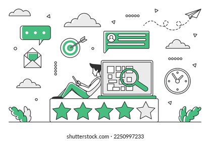 Searching online solution. Seo optimization, online review and feedback vector monocolor illustration