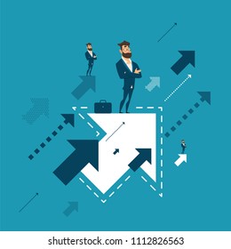 Searching for opportunities. Business couple standing on flying arrows. Concept business illustration