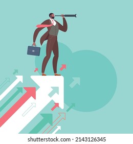 Searching for opportunities, business opportunity or vision concept. Businessman is looking through monocular telescope and standing on flying arrows in green background.