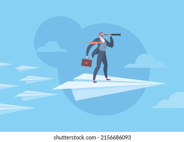 Searching for opportunities, business opportunity, vision or leadership concept. Businessman is looking through monocular telescope and standing confidently on flying paper plane in blue background.