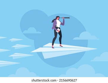 Searching for opportunities, business opportunity, vision or leadership concept. Businesswoman is looking through monocular telescope and standing confidently on flying paper plane in blue scene.